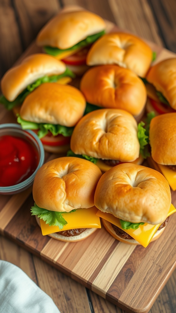 A platter of mini cheeseburgers with cheese, lettuce, and tomato, served with ketchup on a wooden board.